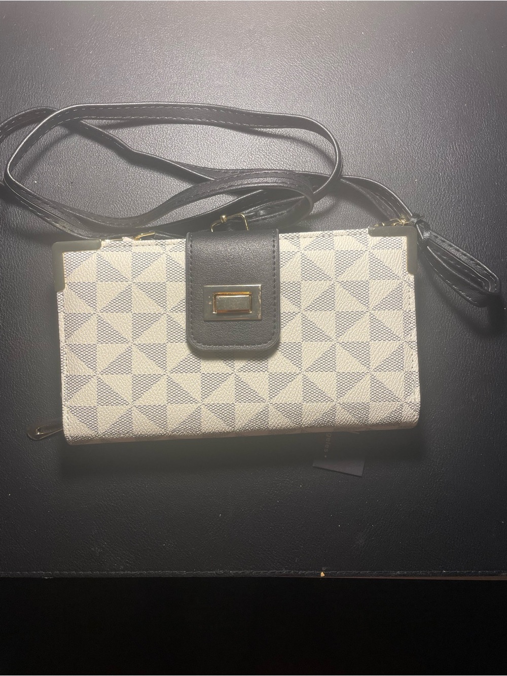 Geo-Pattern Crossbody Wallet in Cream and Black with Gold Hardware